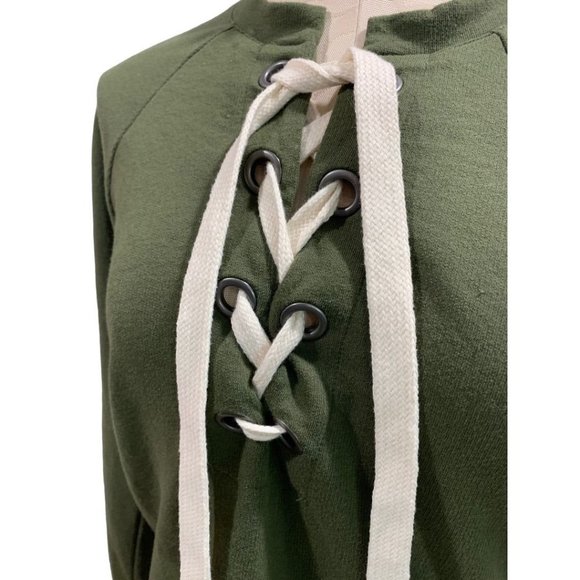 XS A.N.A. Women's Olive Green Lace Up Neckline Lightweight Sweatshirt - Picture 4 of 8